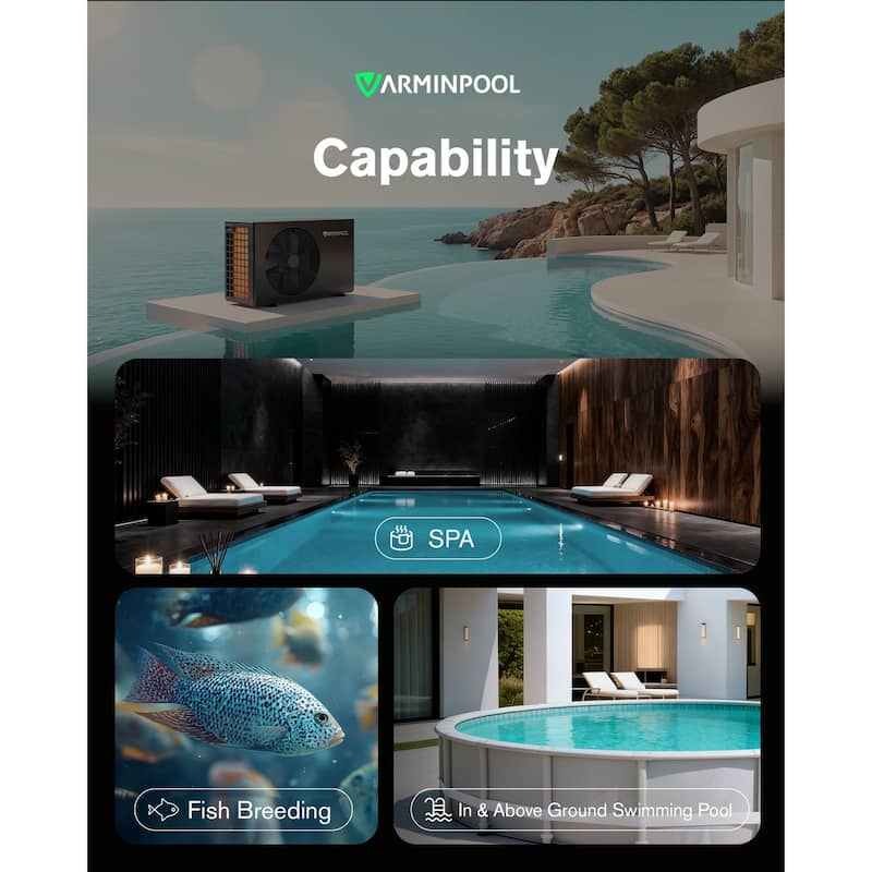 Electric Pool Heat Pump 30000 BTU Pool Heater for 8000 Gallon Pools with WiFi Control - 35.51"L x 13.88"W x 21.98"H