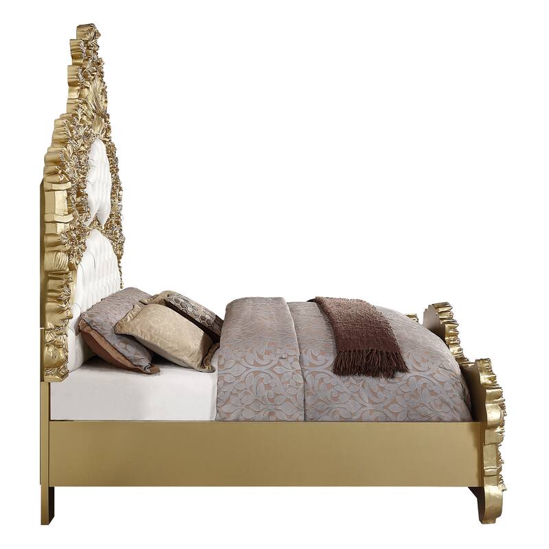 Heverford White and Gold Eastern King Scrolled Floral Bed
