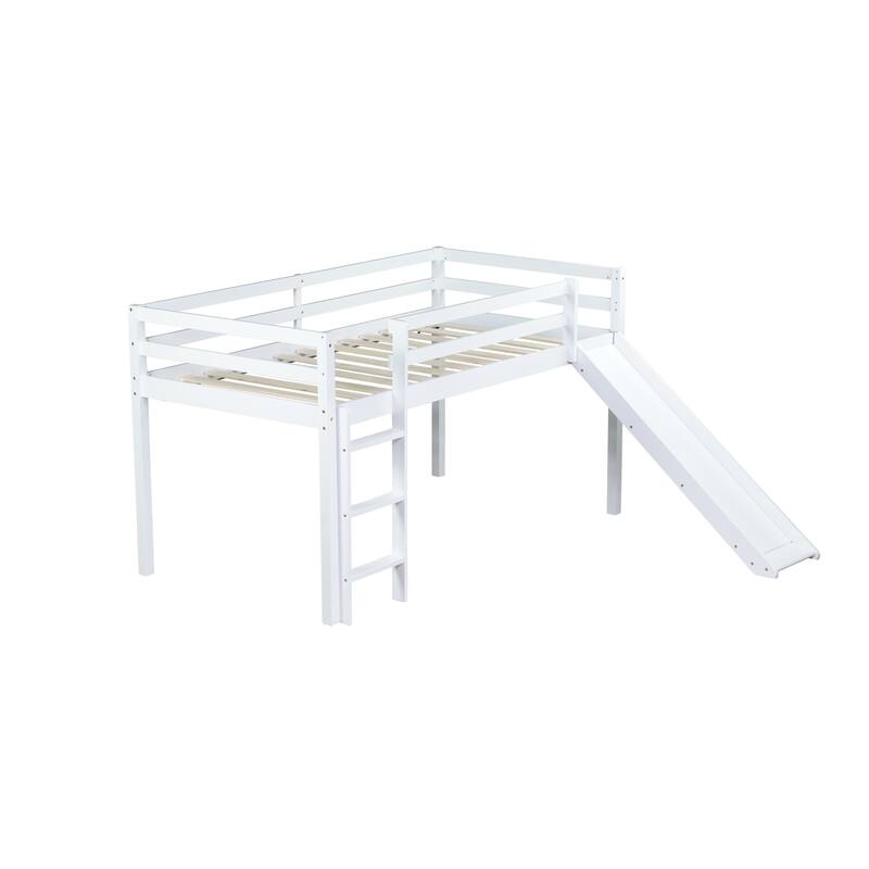 Twin Low Loft Bed with Slide, Ladder, and Storage Space, Rubber Wood Construction with High Guardrails for Safety