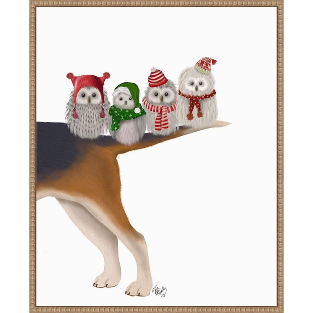 Christmas Bummer Owls by Fab Funky (23 x 28 in.), Framed Canvas Wall Art Print - Sylvie Beaded Rustic Natural