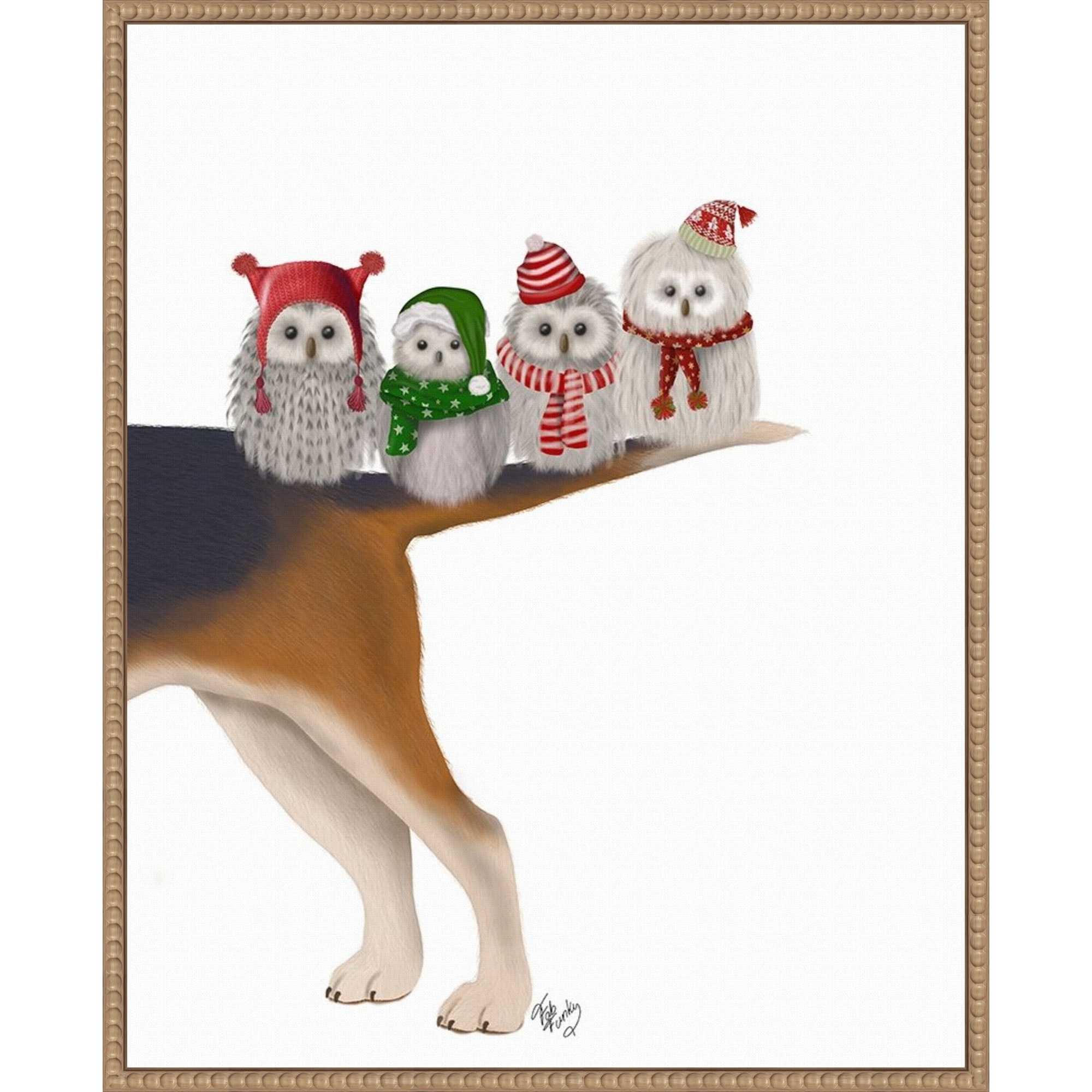 Christmas Bummer Owls by Fab Funky (23 x 28 in.), Framed Canvas Wall Art Print - Sylvie Beaded Rustic Natural