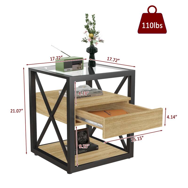 Set Of 2 Modern End Table With Drawer - Nightstand For,Rustic Wood Grain Mdf&Tempered Glass Top, Industrial Style Side Table