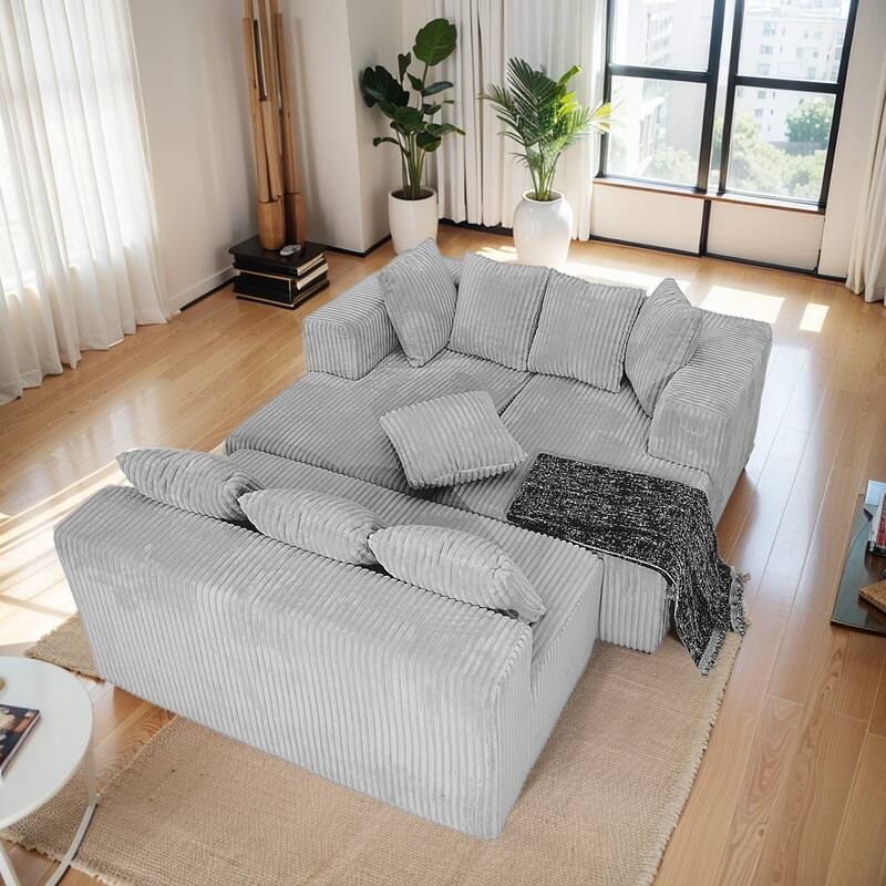 130" 4-Seater Reversible Modular U-Shaped Sofa in Gray Striped Corduroy – Customizable Layout for Living & Bedrooms