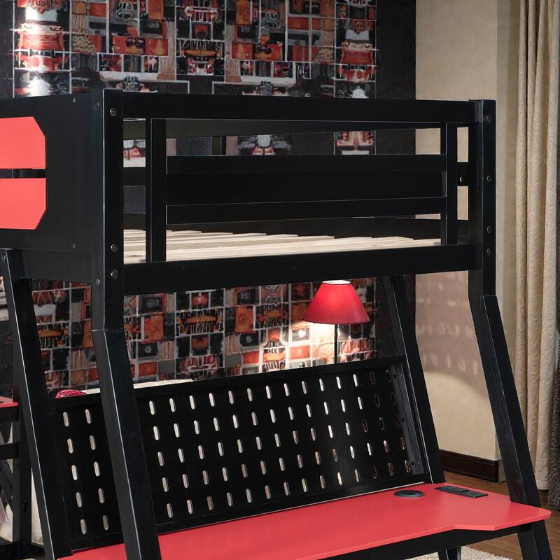 Twin/Full Gaming Bunk Bed with Dual Desks, USB Charging Ports and Pegboard Organizer, Gamer Bunk Frame