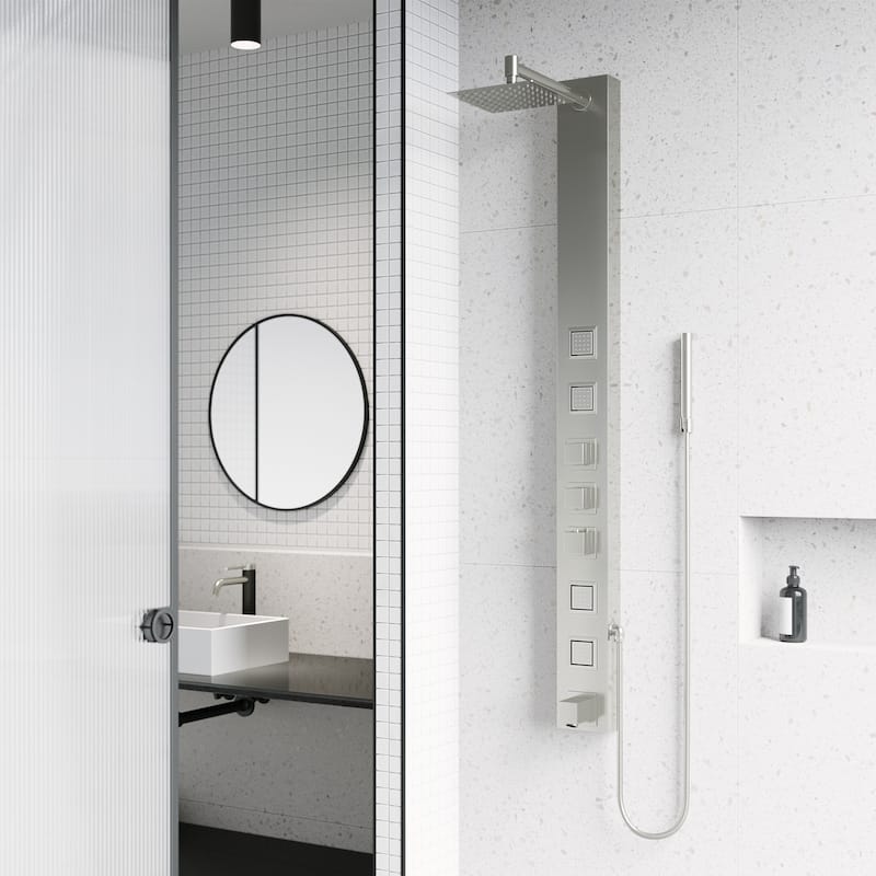 VIGO Bowery 58" H x 5" W 4-Jet Shower Panel with Square Shower Head and Tub Filler - Stainless Steel