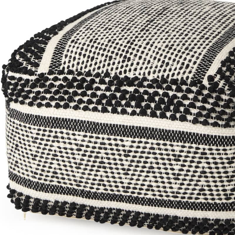 HomeRoots 22" Black and White Cotton And Wool Geometric Pouf Ottoman