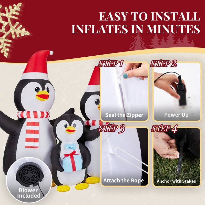 6FT Lighted Christmas Inflatable Decoration, Inflatable Penguin Family