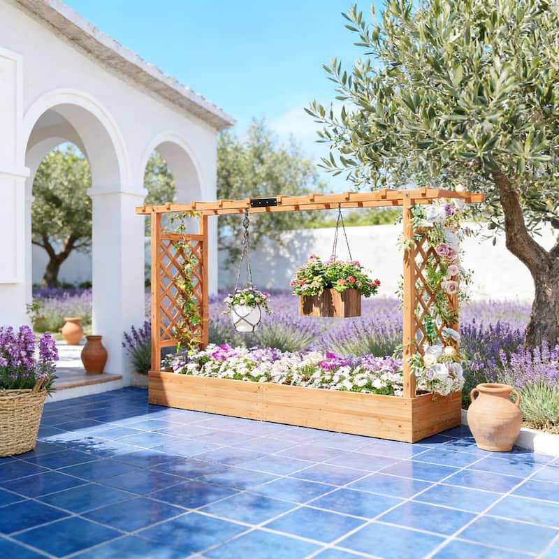 Raised Planter Garden with Trelli, Drainage for Tomatoe Climbing Plant - Natural Wood