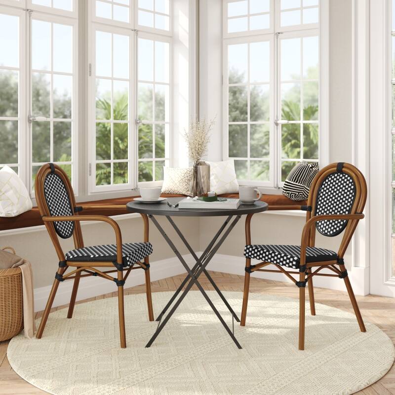 2 Pack All-Weather Commercial Paris Chairs with Arms and metal Frames - BlackWhiteNaturalFrame