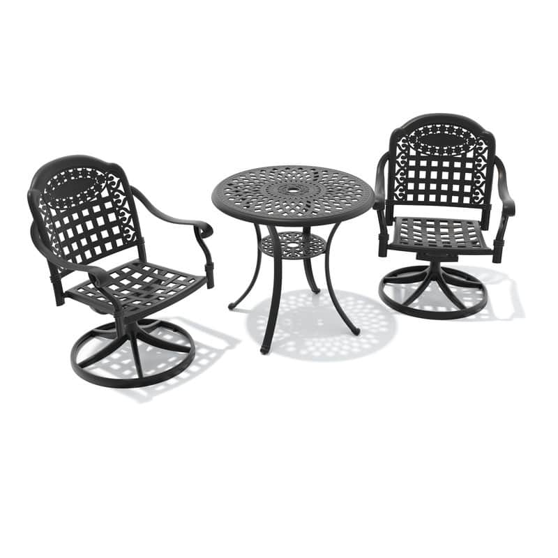 3-Piece Aluminum Round Outdoor Patio Dining Set, 2 Cushioned Swivel Chairs, Table, All-Weather Frames