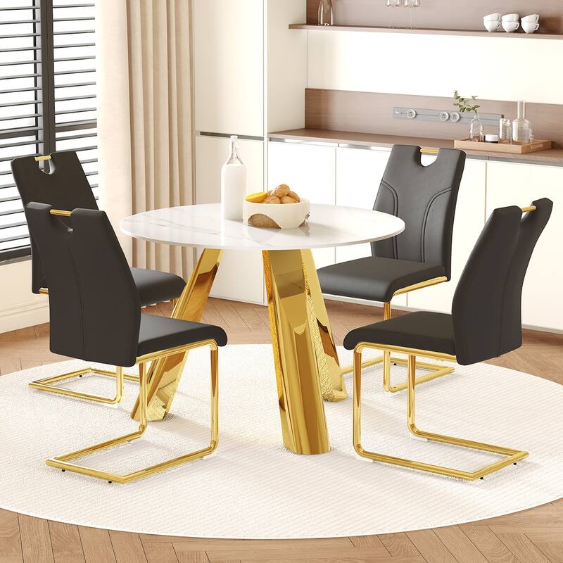 5-Piece Round Dining Table Set with Stain-Resistant Surface, PU Leather Chairs with C-shaped Bases, Scratch-resistant