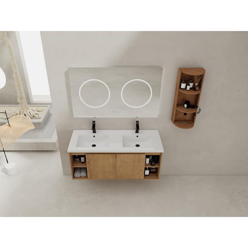 Wall-Mounted Bathroom Vanity With Double Sink and Storage Rack