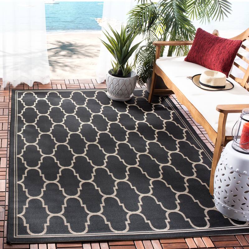 SAFAVIEH Courtyard Sufia Waterproof Trellis Backyard Patio Rug - 9' x 12'6" - Black/Beige