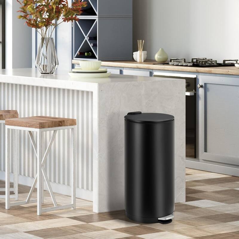 8 Gallon/30L Step Round Trash Can with Lid and Removable Inner Bucket for Home, Bedroom, Office，Kitchen，Bathroom，Black - Black