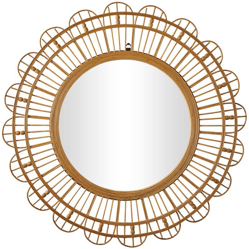 Brown Bamboo Wood Handmade Woven Room Wall Mirror with Beaded Accents - 35"D