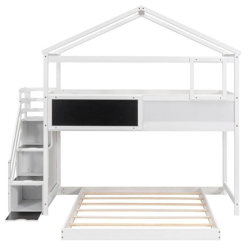 Twin over Full House Bunk Bed with Storage Staircase and Blackboard, Bunk Bed Frames w/Slats Support No Box Spring Needed