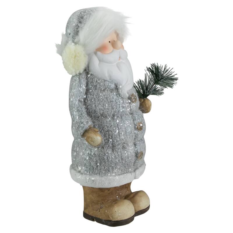 18" Ceramic Santa in Gray Coat Holding Pine Sprig Christmas Figure