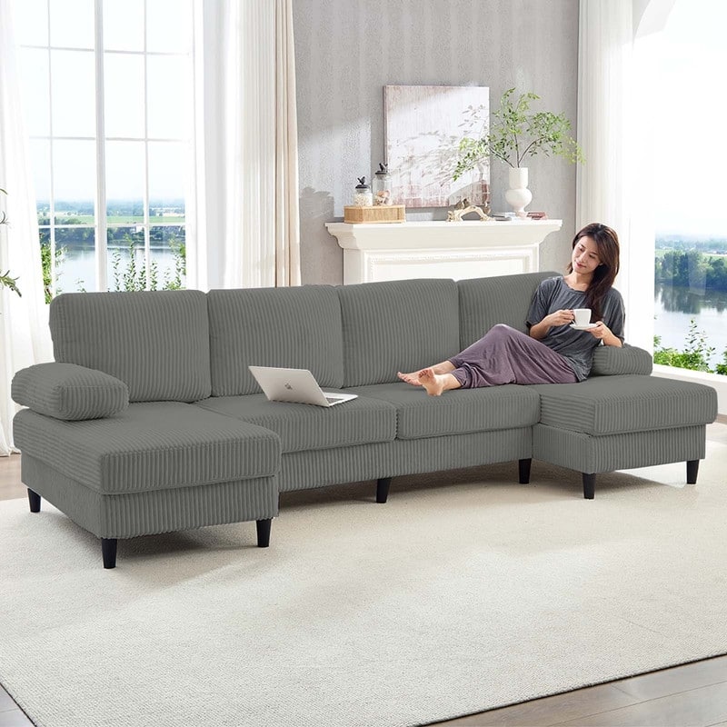 Mixoy W110"U-Shaped Sectional Sofa Couches with Double Chaises and Sleepable Armrests,Corduroy Upholstered 4-Seater Sofa