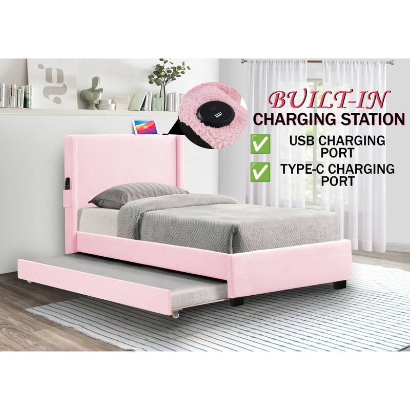 Twin Size Bed Frame With Trundle Bed, Teddy Fabric, Usb Functionality, And A Pocket Design On The Side Of The Headboard