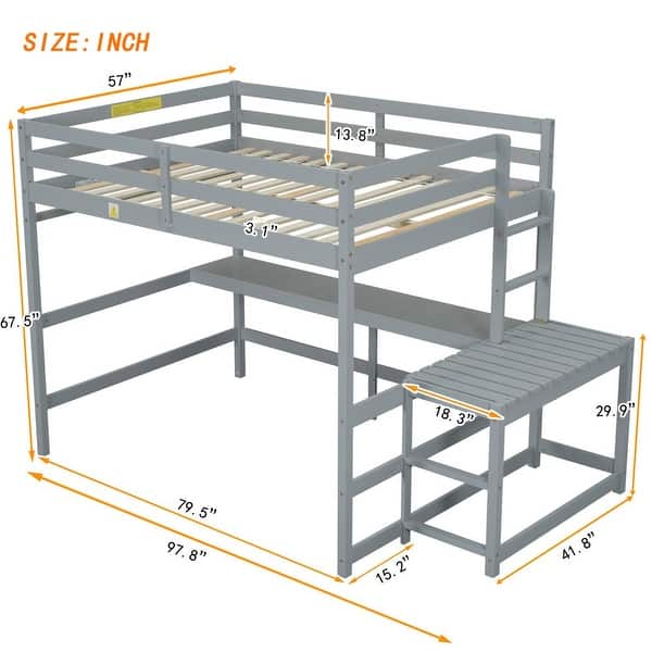 dimension image slide 1 of 2, Full Size Loft Bed with Built-in Desk, Ladder Platform, Ladders, Guardrails