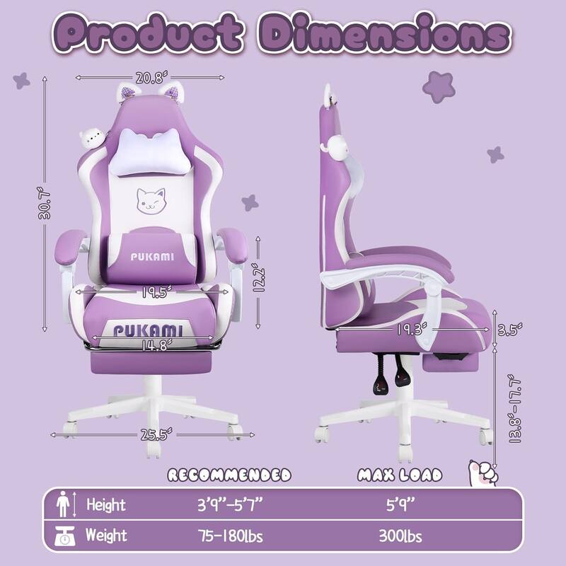 BOSSIN Gaming Chair with Cat Ears and Cat Paw Cushion Pillow,Cute Kawaii Reclining Computer Chair for Girl with Footrest
