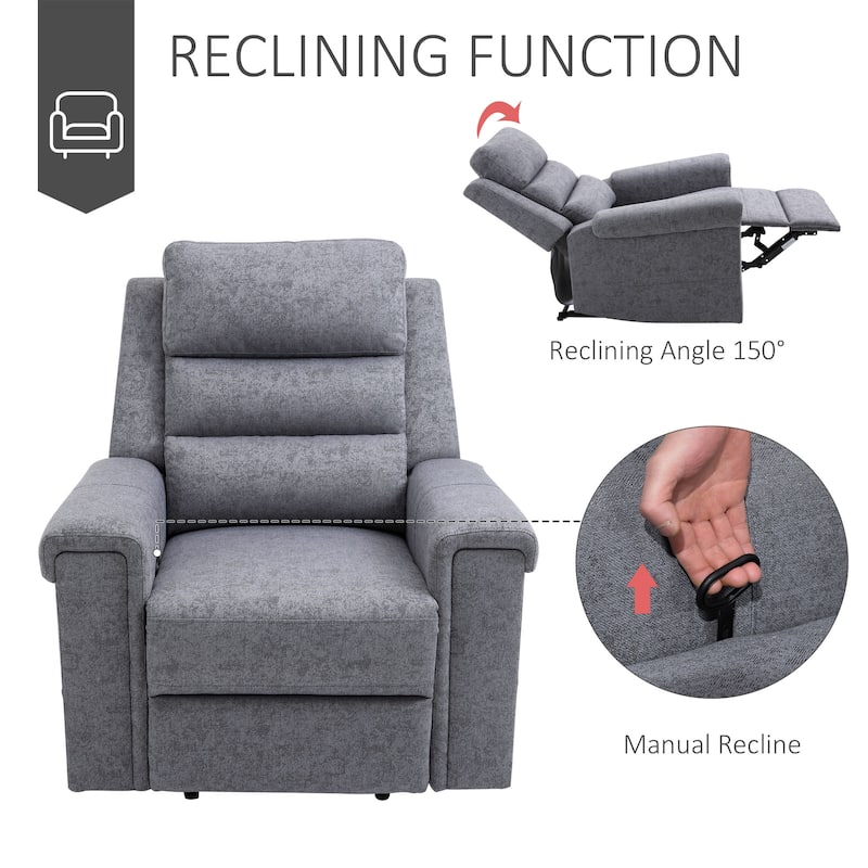 HOMCOM Manual Single Sofa Recliner Armchair with Thick Sponge Padded Seats and Arms and Footrest, Grey