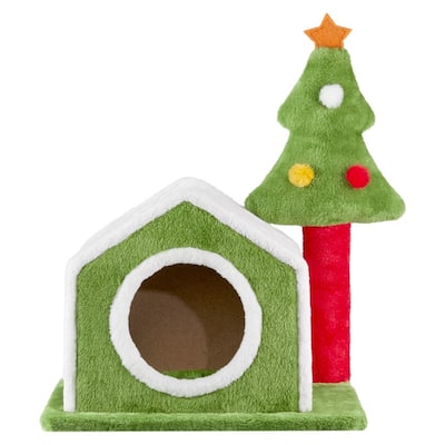 24-Inch Cat Tree House With Dual Platforms With Christmas Tree - N/A