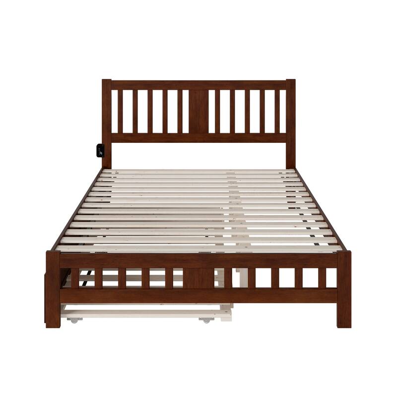 Twin Trundle Bed with Footboard - Walnut Finish, Seaside Style, Solid Wood Frame, Easy Assembly