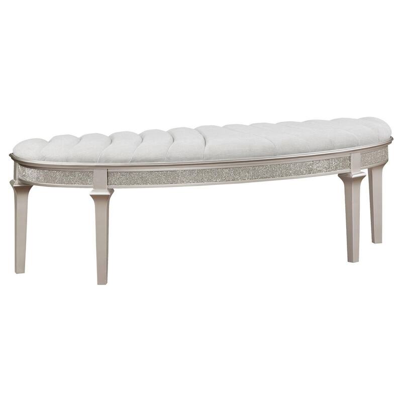 Nive 53 Inch Bench, Semiround Shape, Encrusted Faux Diamond, Silver Oak - Silver