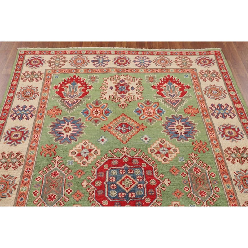 Traditional Green Kazak Oriental Area Rug Hand-Knotted Wool Carpet - 4'11" x 6'9"