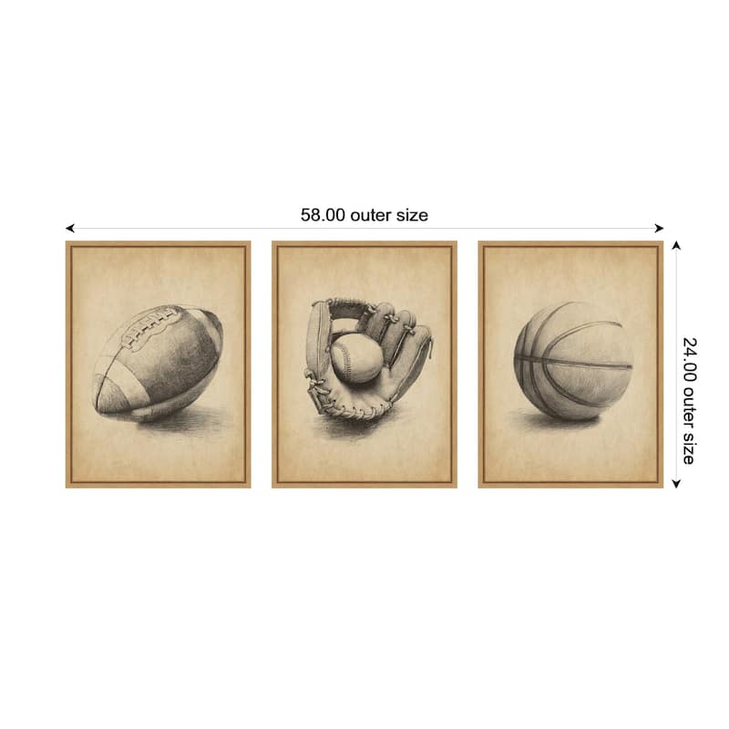 Kate and Laurel Walnut Antique Football 3 Piece Framed Canvas Wall Art Set by The Creative Bunch Studio