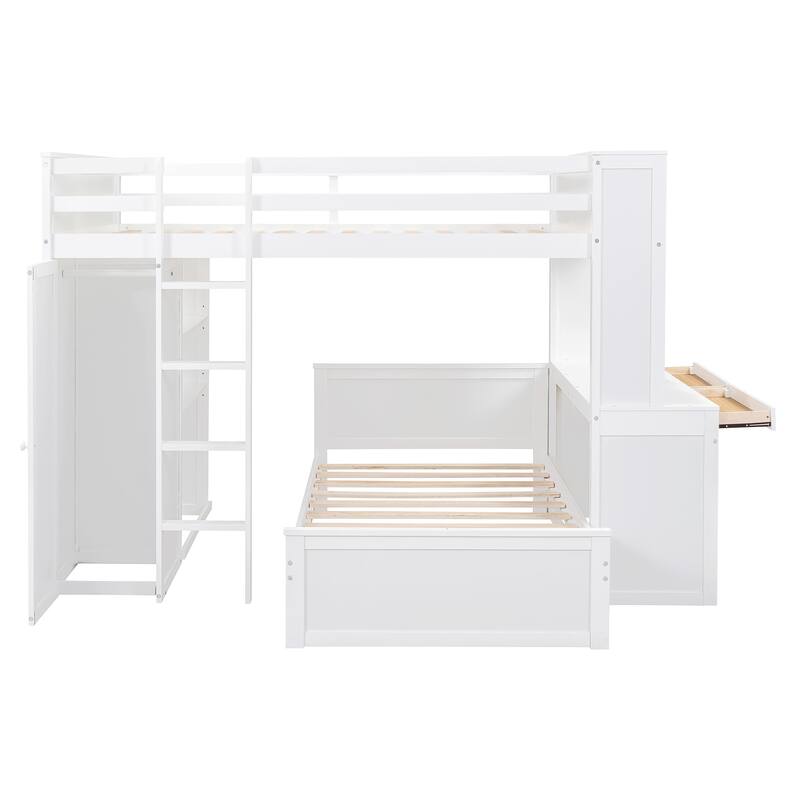 Space-Saving Full Size Loft Bed with Twin Bed, Shelves, Desk, and Wardrobe in White