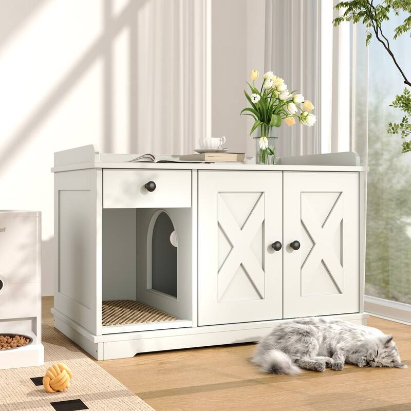 Cat Litter Box Enclosure with Hidden Storage Drawer and Integrated Litter Mat for Indoor Use - White