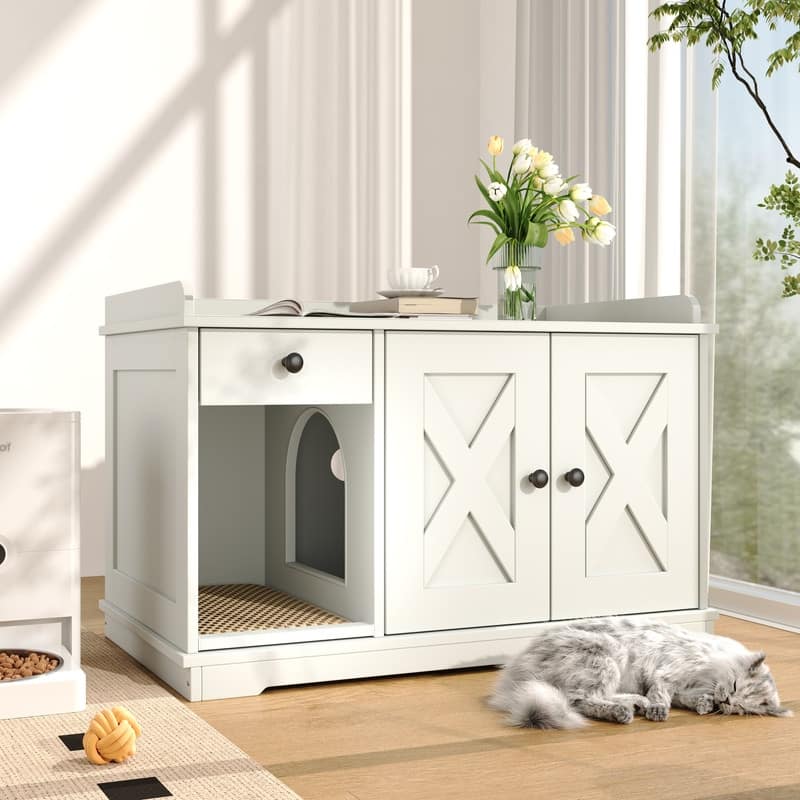 Cat Litter Box Enclosure with Hidden Storage Drawer and Integrated Litter Mat for Indoor Use