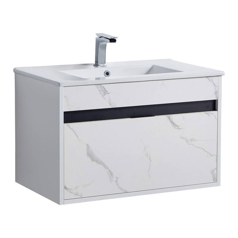 Fine Fixtures - Wall Mount Bathroom Vanity And Sink, Knob Free Design - Alpine Collection - - 30" - White Marble