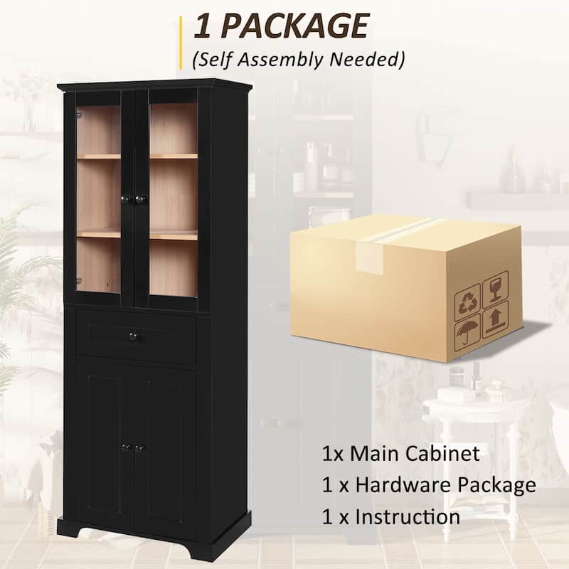 Roomfitters 67.2" Tall Bathroom Storage Cabinet with Tempered Glass Doors, Adjustable Shelves and Drawer