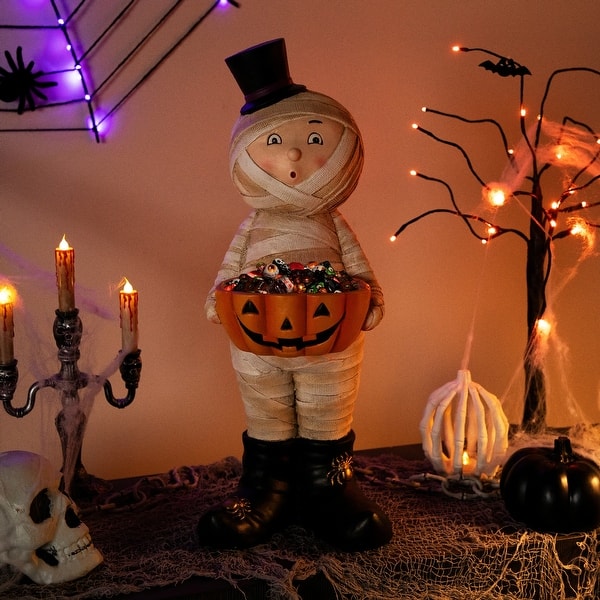 slide 2 of 5, Mummy in Top Hat Holding Jack-O-Lantern Candy Dish Halloween Decoration - 23"
