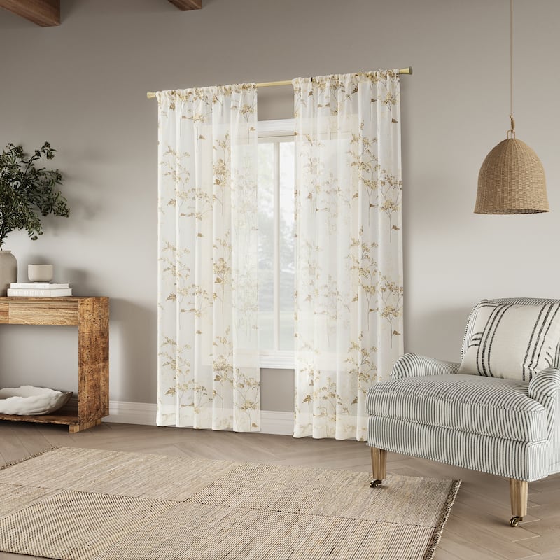 No. 918 Margot Botanical Print Sheer Rod Pocket 1-Piece Curtain Panel, Single Panel