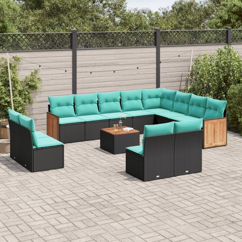vidaXL 12 Piece Patio Sofa Set with Cushions Black Poly Rattan - 21.7x27.2x24.4-With table