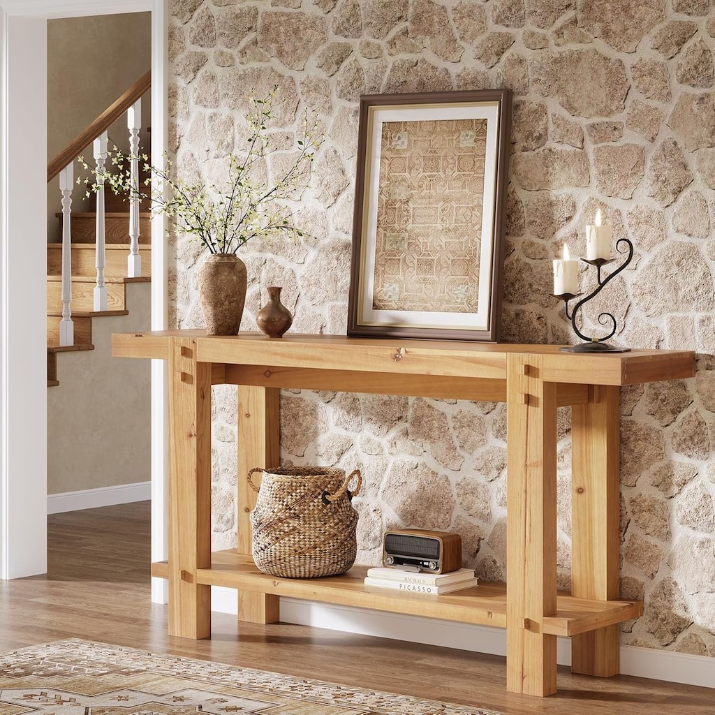 63" Long Farmhouse 2-Tier Solid Wood Console Table for Entryway, Living Room, Hallway, Easy Assembly