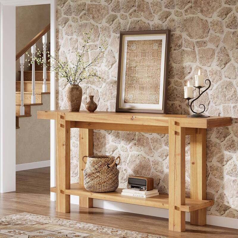 63" Long Farmhouse 2-Tier Solid Wood Console Table for Entryway, Living Room, Hallway, Easy Assembly - Natural