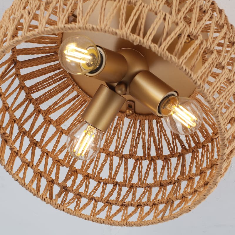 3-Light Rattan Semi Flush Mount Chandelier for Hallway Entryway Dining Room