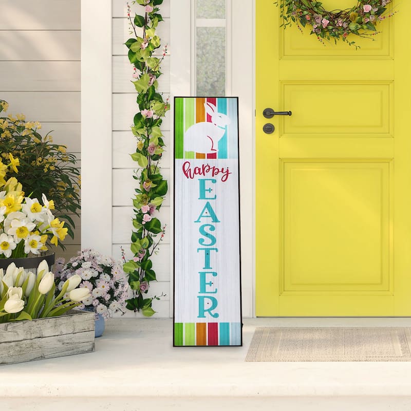 Fraser Hill Farm 45-In. HAPPY EASTER Porch Leaner Sign w/Battery-Operated LED Lights, Festive Spring Decoration, Multi Stripes
