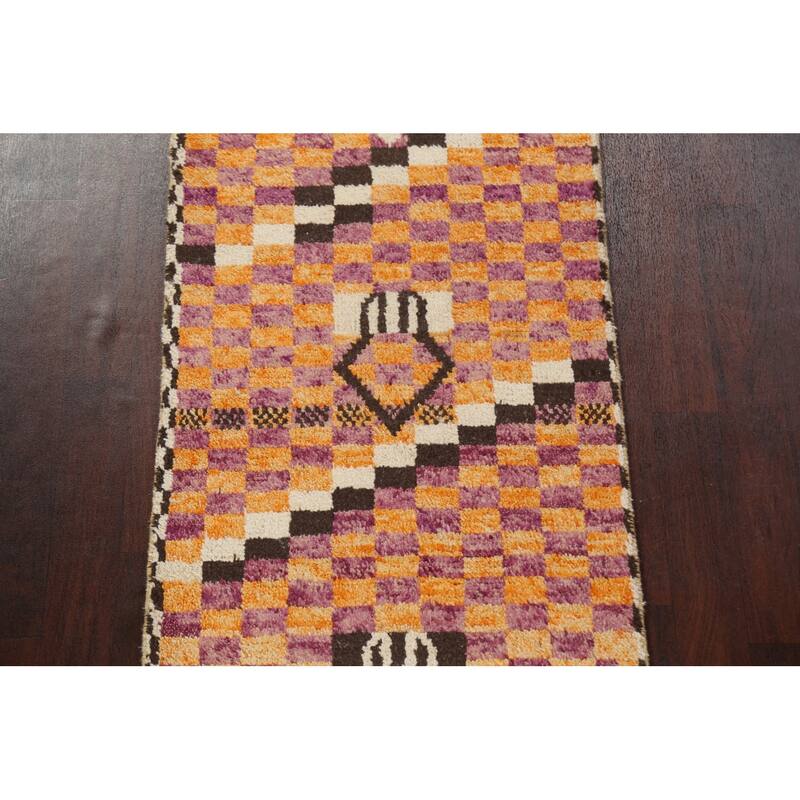 Checkered Modern Moroccan Oriental Runner Rug Hand-knotted Wool Carpet - 2'11" x 12'11"