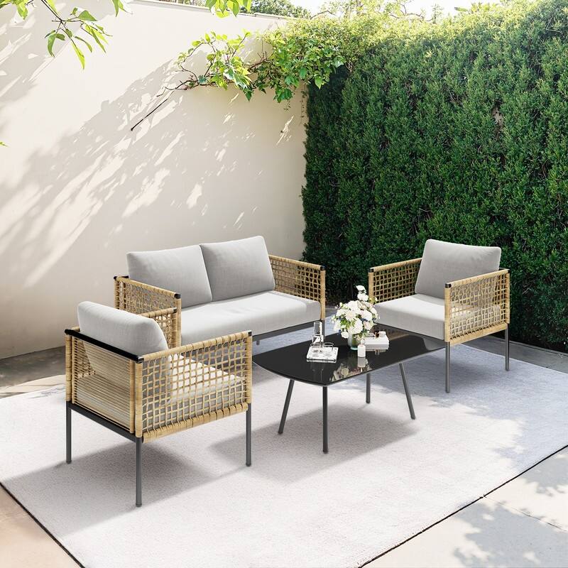 4-piece Waterproof Fabric Sofa Set (2+1+1) with PE Woven & Marble Table