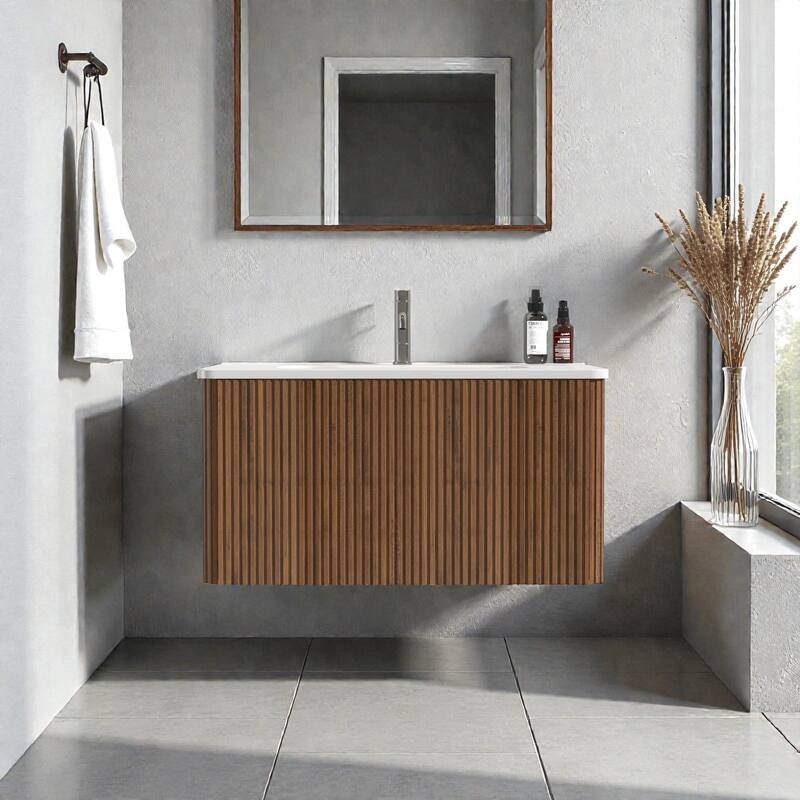 30" Floating Bathroom Vanity with Ceramic Sink, Striped Wall Mounted Cabinet with Curved Edges & Large Push-Open Drawer - Walnut