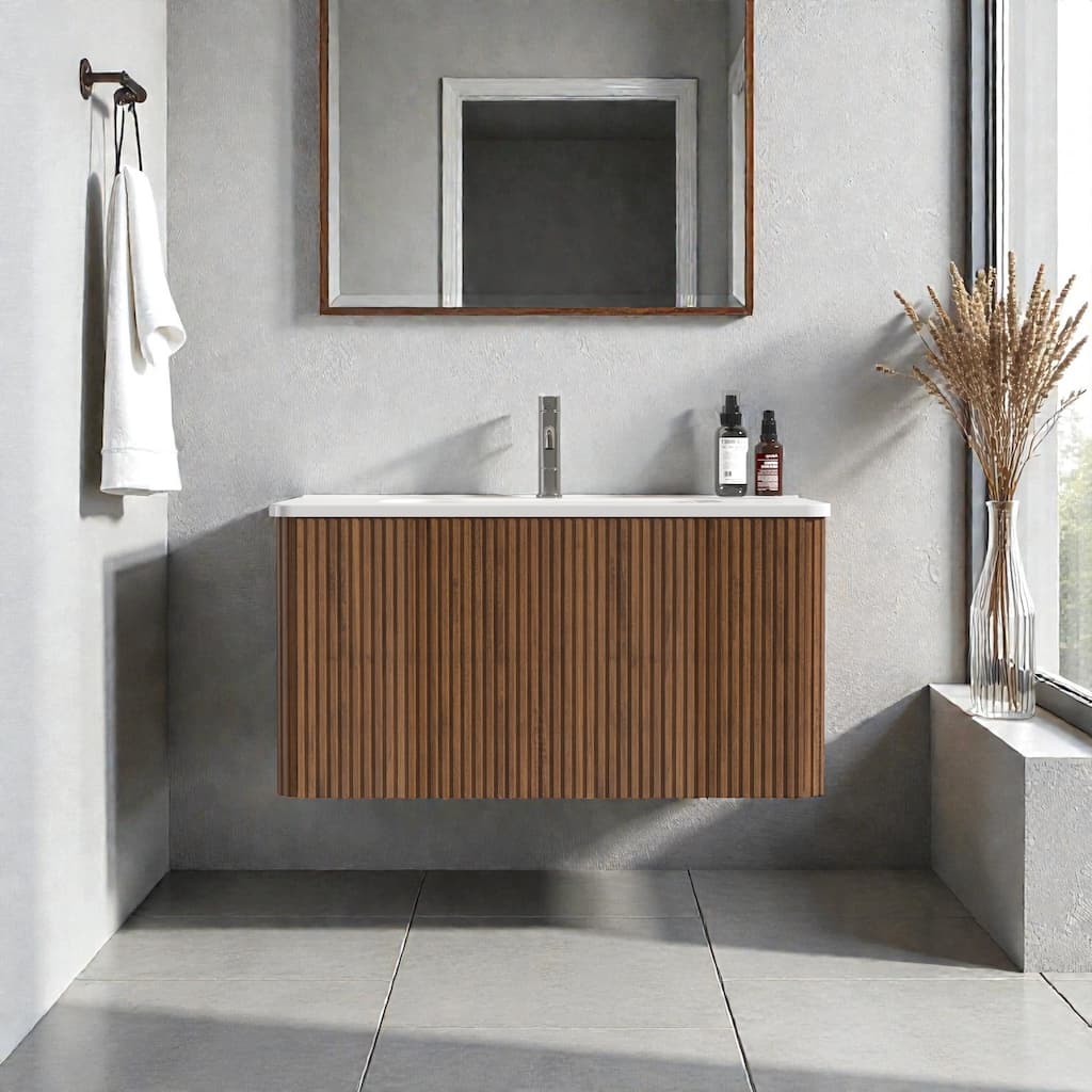 30" Floating Bathroom Vanity with Ceramic Sink, Striped Wall Mounted Cabinet with Curved Edges & Large Push-Open Drawer