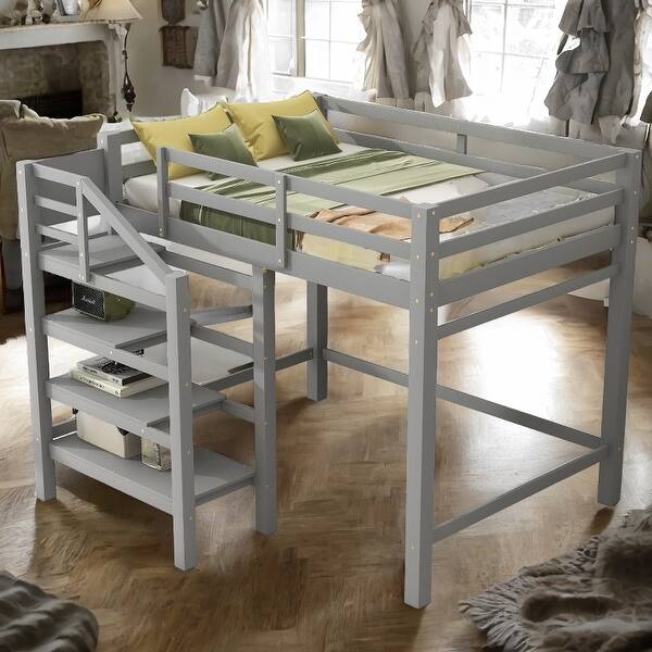 slide 2 of 34, Full Size Loft Bed with Built-in Storage Staircase and Hanger, Grey Grey