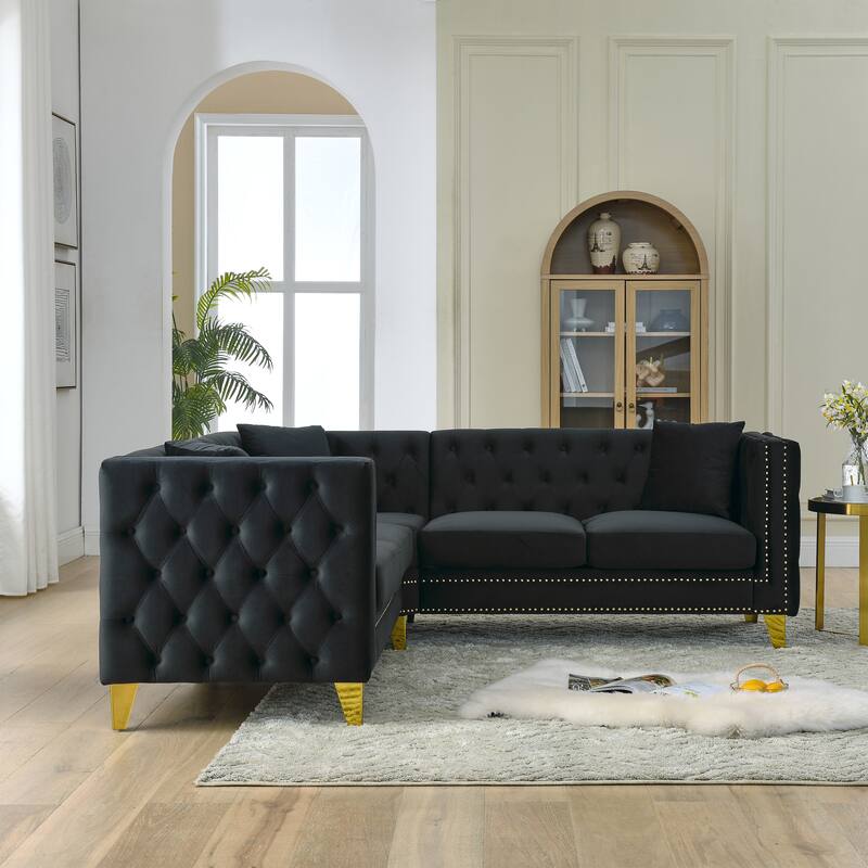 82.2'' Velvet Chesterfield L-Shaped 5-Seater Sectional Sofa with Nailhead Trim, Metal Legs, and Tufted Cushions
