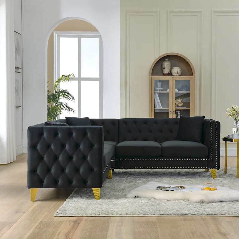 Velvet L Shaped Sofa Couch, Tufted Upholstered Sectional Couch, 5 Seater Corner Sofa with Tapered Legs & 3 Pillows - Black